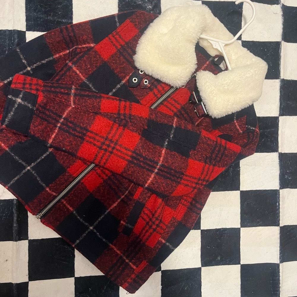 H&M Red and Black Plaid Jacket with Faux Fur Collar